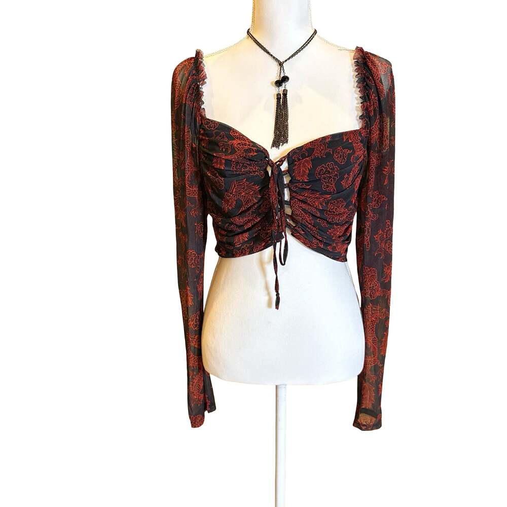 Liberty Love Dragon Print Mesh Long Sleeve Crop Top XL